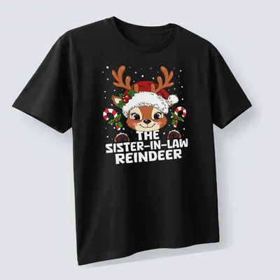 Kawaii-style reindeer with Christmas hat and text celebrating sister-in-law — printed on a unisex t-shirt (angled view)