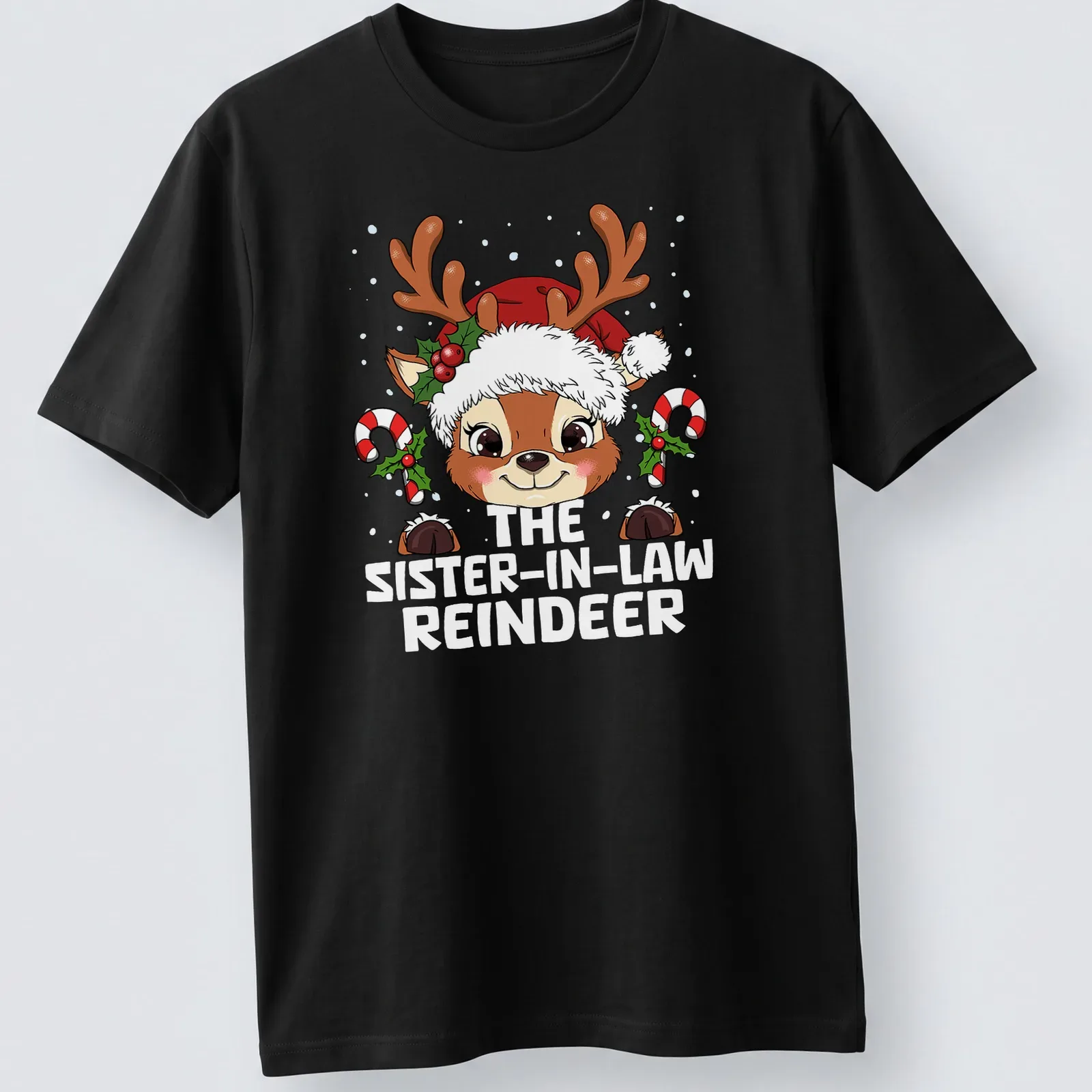Kawaii-style reindeer with Christmas hat and text celebrating sister-in-law — printed on a unisex t-shirt