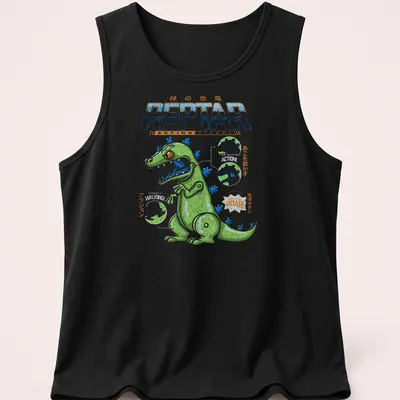 Blueprint schematic print of Reptar in green, blue, and orange with playful text — printed on a tank top