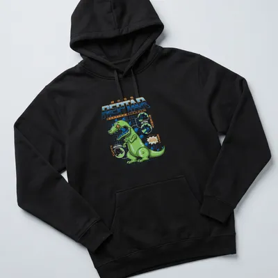 Blueprint schematic print of Reptar in green, blue, and orange with playful text — printed on a unisex hoodie