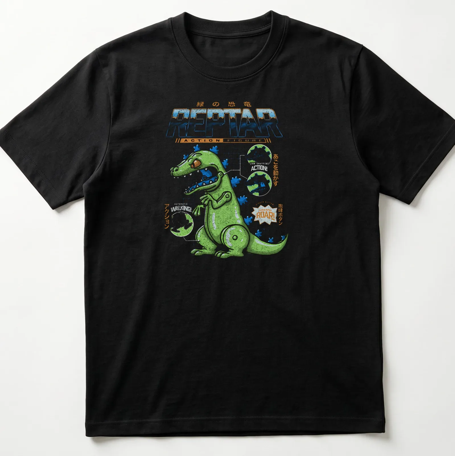 Blueprint schematic print of Reptar in green, blue, and orange with playful text — printed on a unisex t-shirt