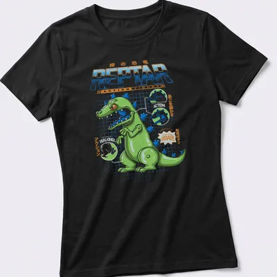 Blueprint schematic print of Reptar in green, blue, and orange with playful text — printed on a women's shirt