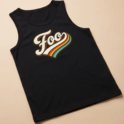Retro graphic tee featuring the word Foo in colorful retro styling — printed on a tank top