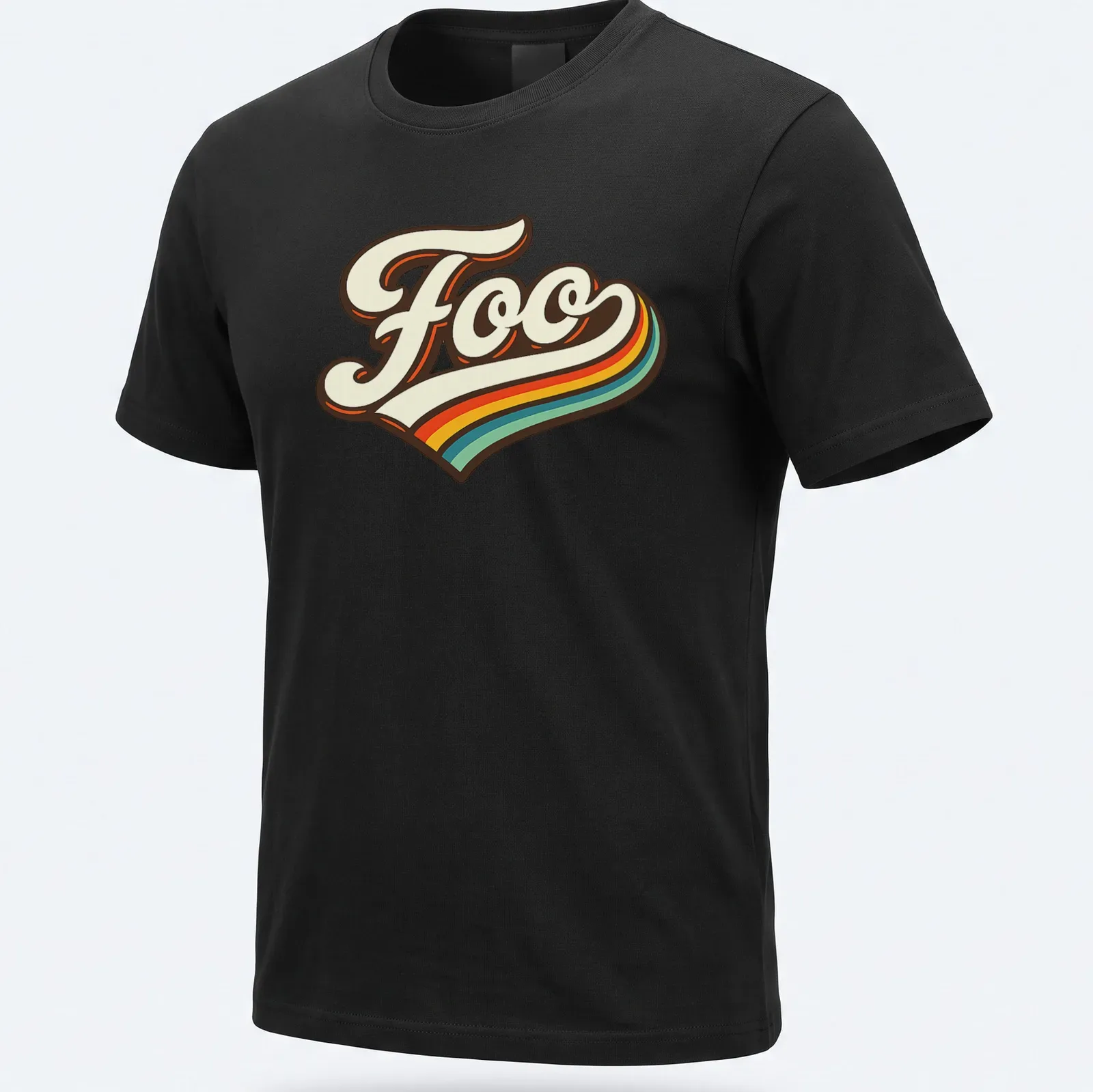 Retro graphic tee featuring the word Foo in colorful retro styling — printed on a unisex t-shirt