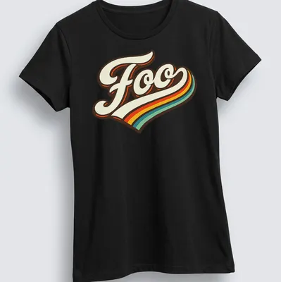Retro graphic tee featuring the word Foo in colorful retro styling — printed on a women's shirt