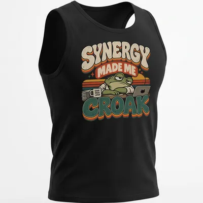 Retro graphic tee featuring a frog and humorous text about synergy and ideas — printed on a tank top