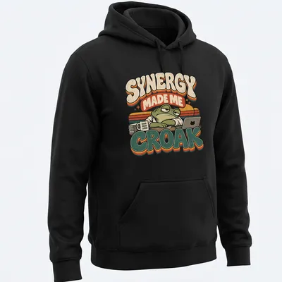 Retro graphic tee featuring a frog and humorous text about synergy and ideas — printed on a unisex hoodie