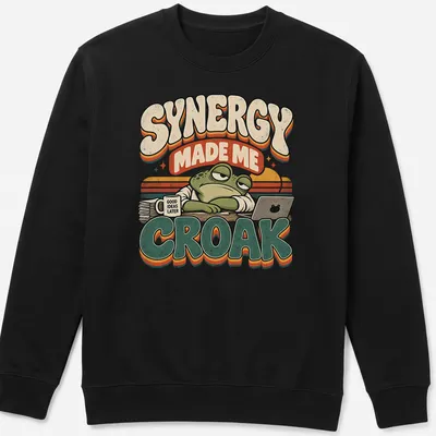 Retro graphic tee featuring a frog and humorous text about synergy and ideas — printed on a unisex sweatshirt