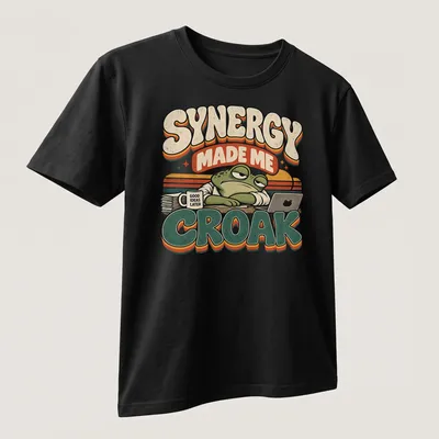 Retro graphic tee featuring a frog and humorous text about synergy and ideas — printed on a unisex t-shirt (angled view)
