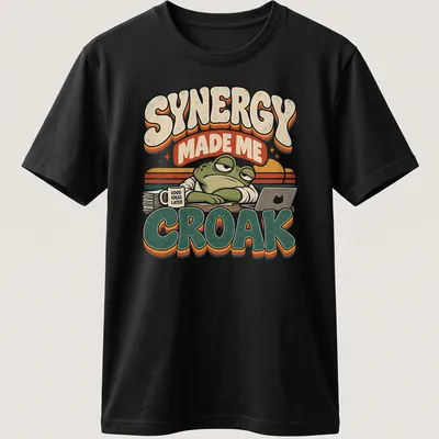 Retro graphic tee featuring a frog and humorous text about synergy and ideas