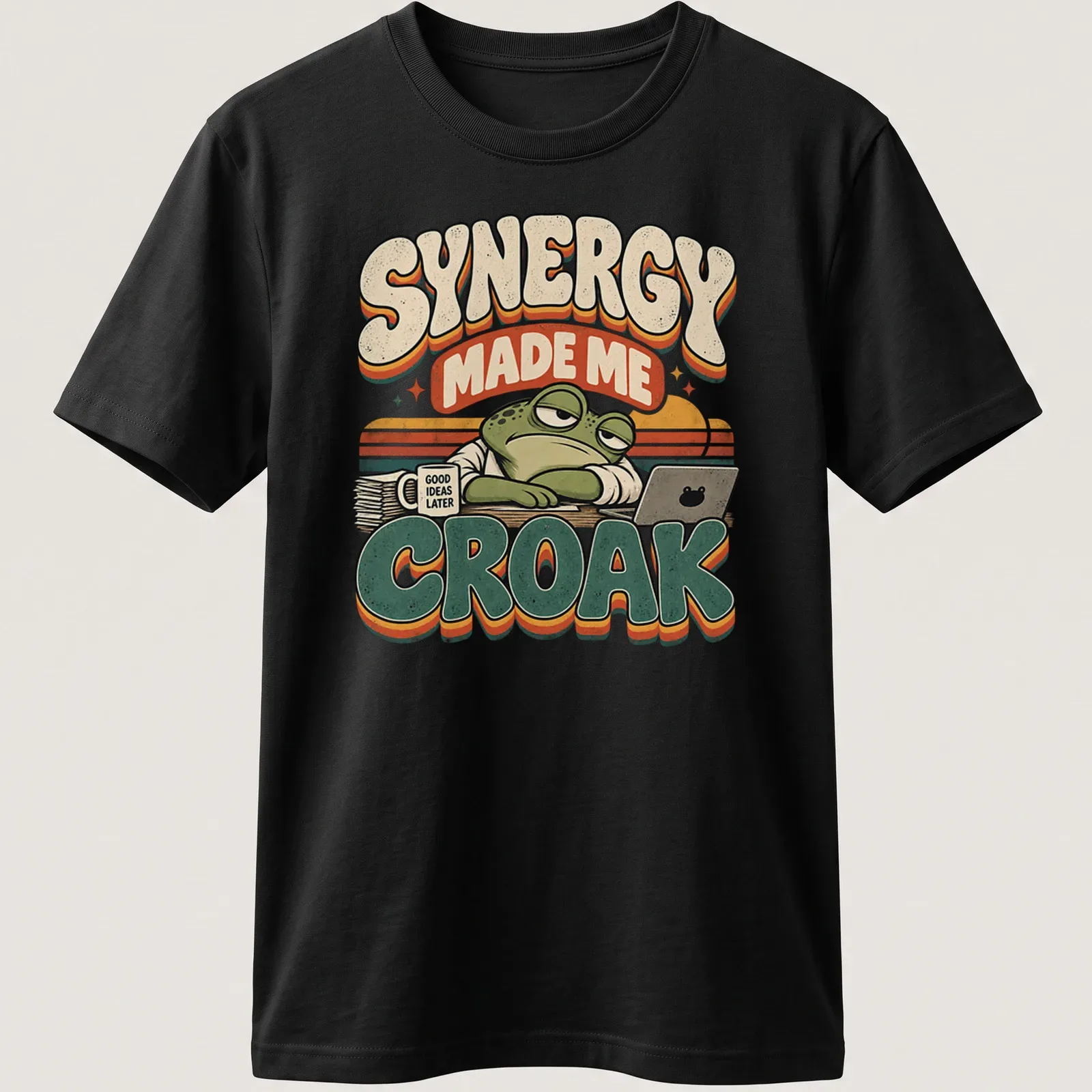Retro graphic tee featuring a frog and humorous text about synergy and ideas — printed on a unisex t-shirt