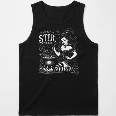 Retro witch pinup t-shirt with a playful slogan and colorful illustration. — printed on a tank top