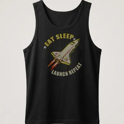 Vintage-style tee featuring a rocket and the text 'EAT SLEEP LAUNCH REPEAT' — printed on a tank top