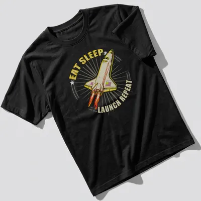 Vintage-style tee featuring a rocket and the text 'EAT SLEEP LAUNCH REPEAT'