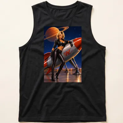 Realistic Rocket Woman graphic with Saturn in the background and bold 'H' text — printed on a tank top