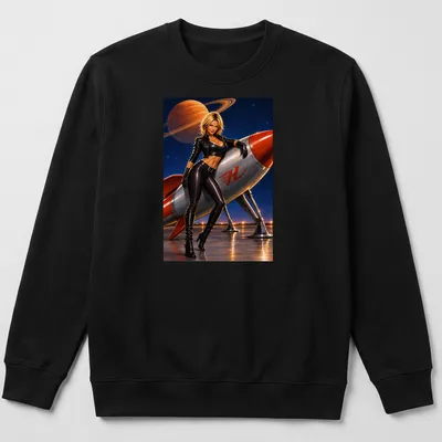 Realistic Rocket Woman graphic with Saturn in the background and bold 'H' text — printed on a unisex sweatshirt