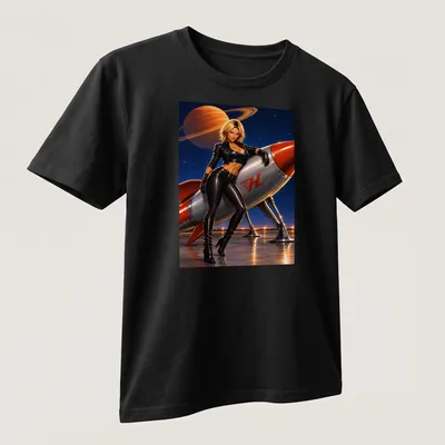 Realistic Rocket Woman graphic with Saturn in the background and bold 'H' text — printed on a unisex t-shirt (angled view)