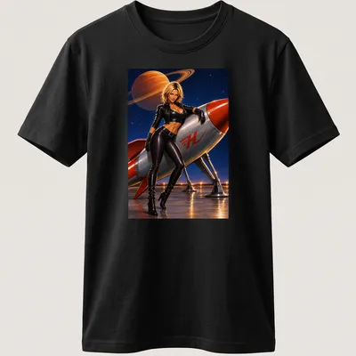 Realistic Rocket Woman graphic with Saturn in the background and bold 'H' text