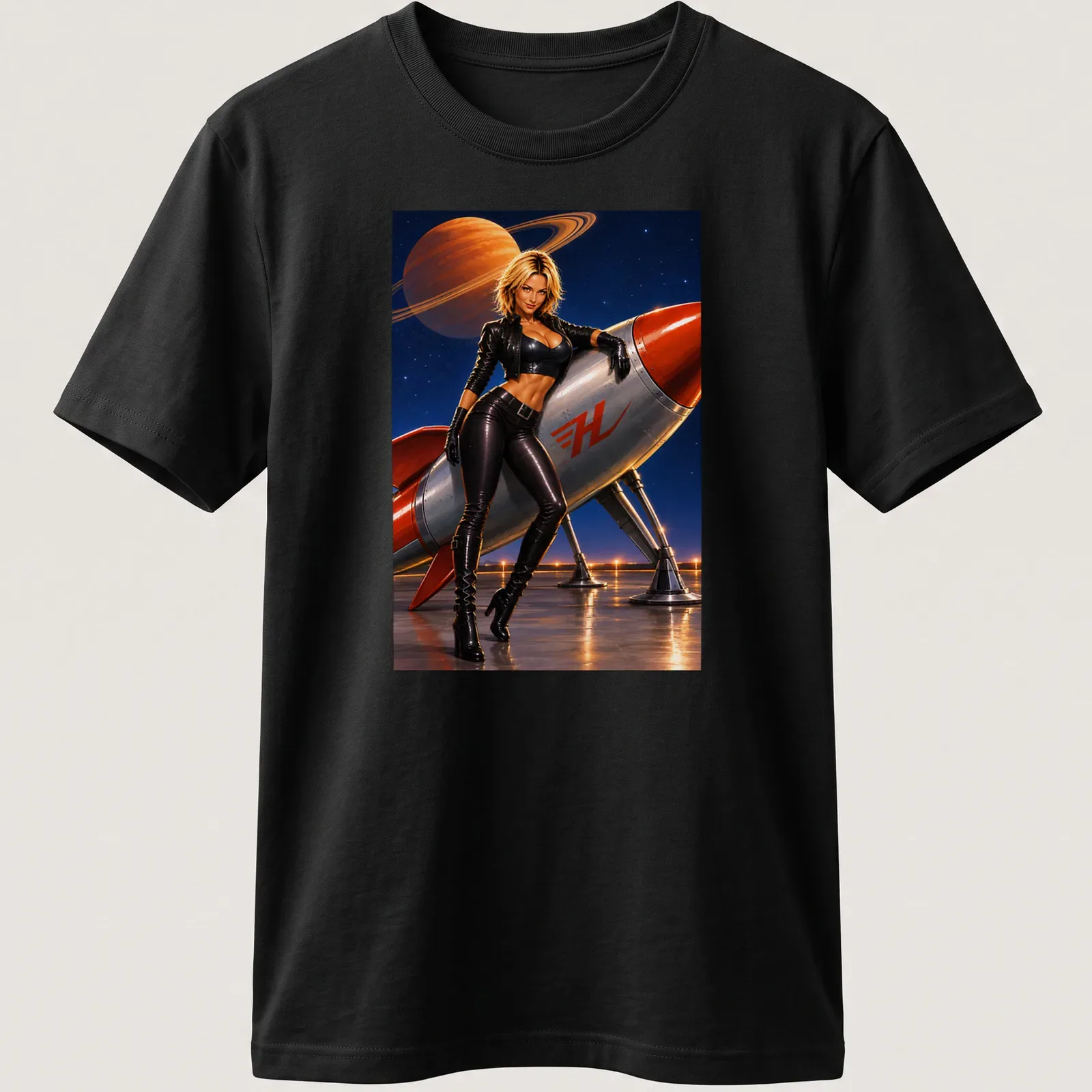 Realistic Rocket Woman graphic with Saturn in the background and bold 'H' text — printed on a unisex t-shirt