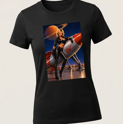 Realistic Rocket Woman graphic with Saturn in the background and bold 'H' text — printed on a women's shirt