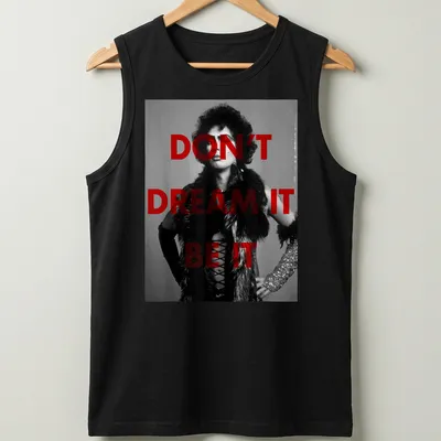 Dr. Frank t-shirt with the inspirational quote Don't Dream It Be It in red and black. — printed on a tank top