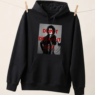 Dr. Frank t-shirt with the inspirational quote Don't Dream It Be It in red and black. — printed on a unisex hoodie