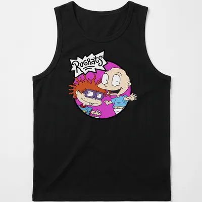 Cartoon illustration of Chuckie and Tommy from Rugrats with colorful text. — printed on a tank top