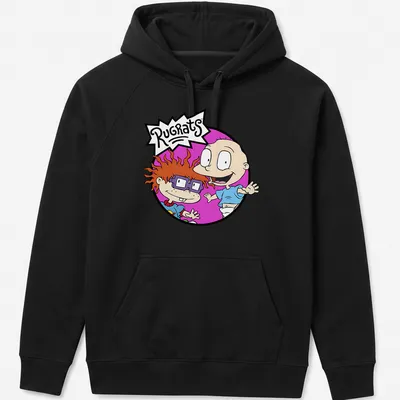 Cartoon illustration of Chuckie and Tommy from Rugrats with colorful text. — printed on a unisex hoodie