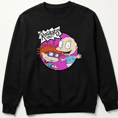 Cartoon illustration of Chuckie and Tommy from Rugrats with colorful text. — printed on a unisex sweatshirt