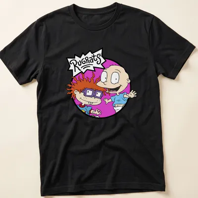 Cartoon illustration of Chuckie and Tommy from Rugrats with colorful text.