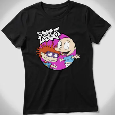 Cartoon illustration of Chuckie and Tommy from Rugrats with colorful text. — printed on a women's shirt