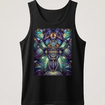 Sacred geometry design in violet and turquoise mosaic style — printed on a tank top