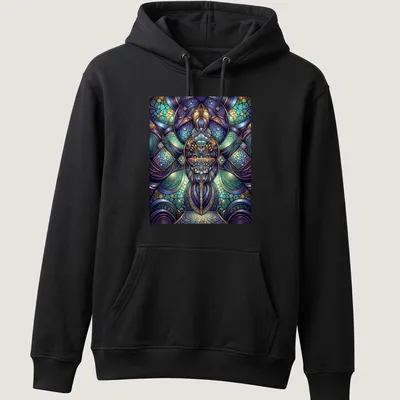 Sacred geometry design in violet and turquoise mosaic style — printed on a unisex hoodie