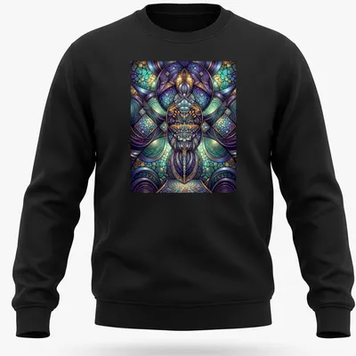 Sacred geometry design in violet and turquoise mosaic style — printed on a unisex sweatshirt