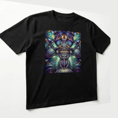 Sacred geometry design in violet and turquoise mosaic style — printed on a unisex t-shirt (angled view)