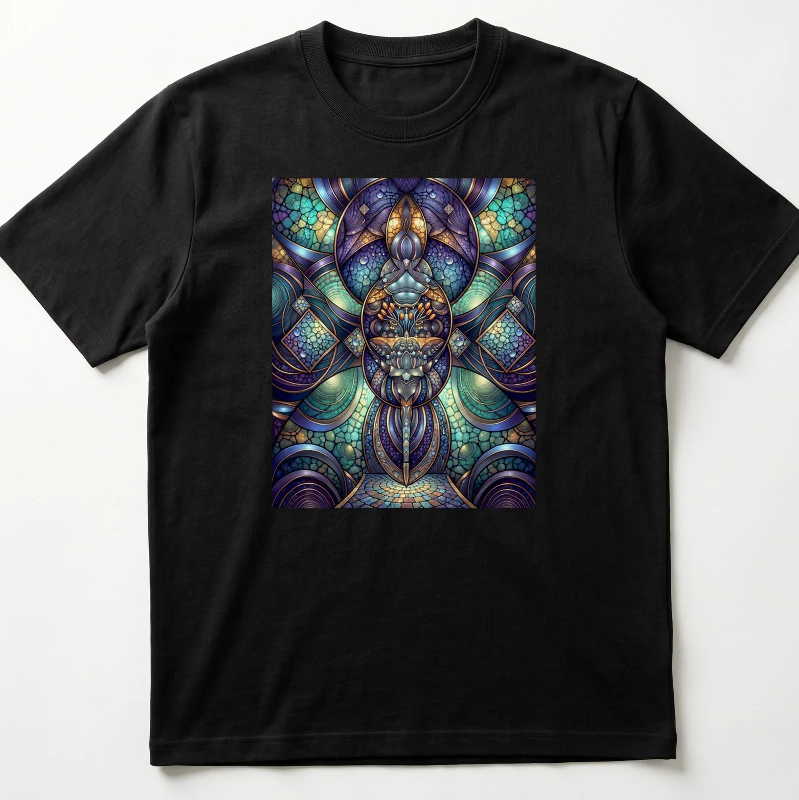 Sacred geometry design in violet and turquoise mosaic style — printed on a unisex t-shirt