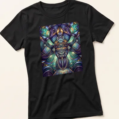 Sacred geometry design in violet and turquoise mosaic style — printed on a women's shirt