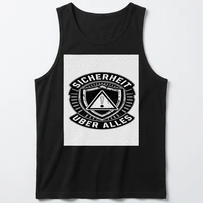 Vintage distressed t-shirt featuring the text 'SICHERHEIT UBER ALLES' with a safety shield graphic — printed on a tank top