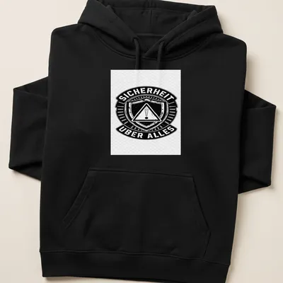 Vintage distressed t-shirt featuring the text 'SICHERHEIT UBER ALLES' with a safety shield graphic — printed on a unisex hoodie