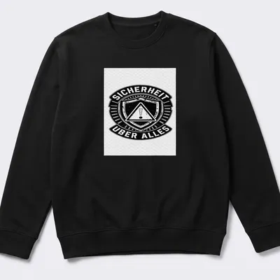Vintage distressed t-shirt featuring the text 'SICHERHEIT UBER ALLES' with a safety shield graphic — printed on a unisex sweatshirt