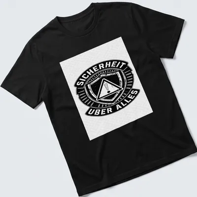 Vintage distressed t-shirt featuring the text 'SICHERHEIT UBER ALLES' with a safety shield graphic — printed on a unisex t-shirt