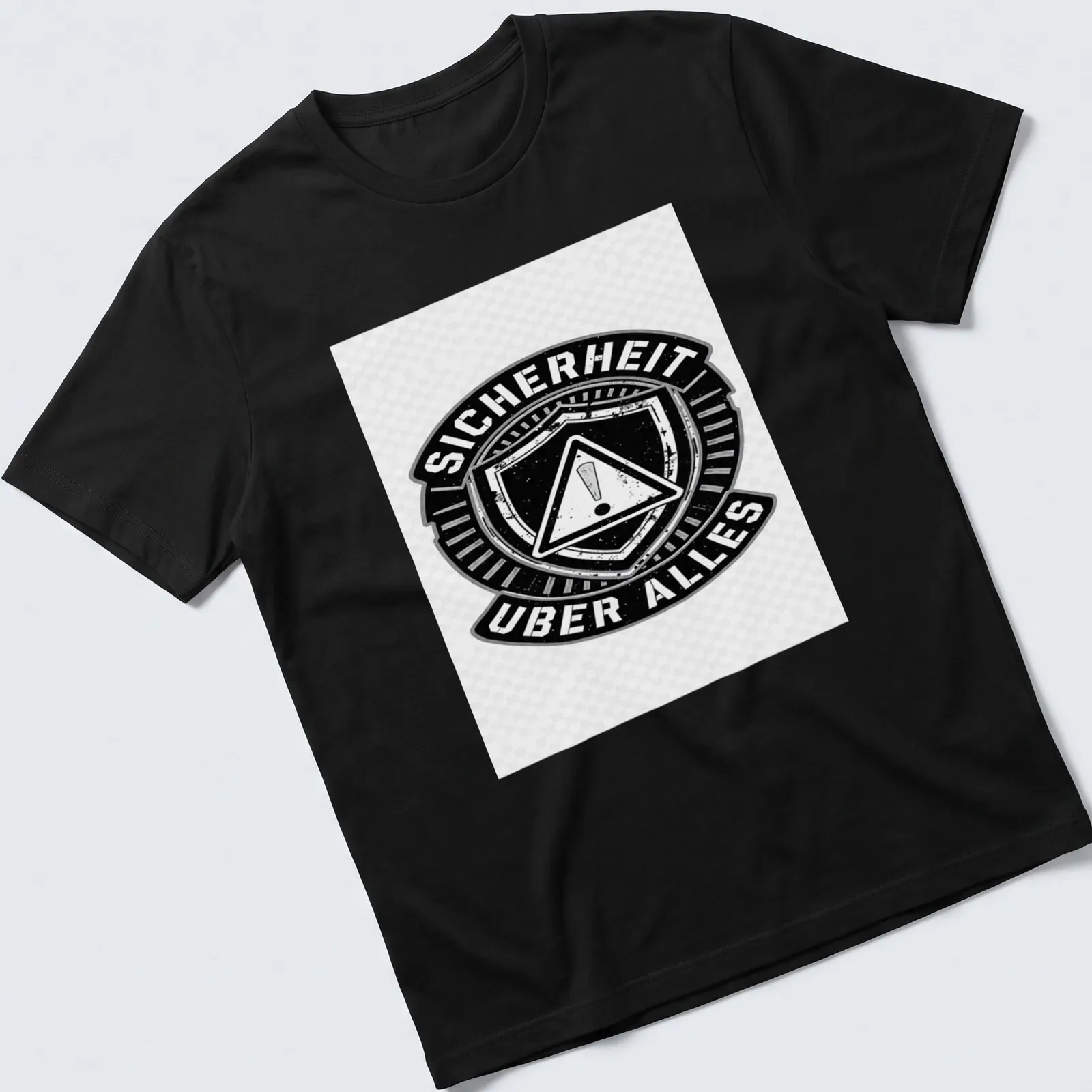 Vintage distressed t-shirt featuring the text 'SICHERHEIT UBER ALLES' with a safety shield graphic — printed on a unisex t-shirt