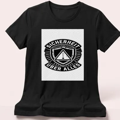 Vintage distressed t-shirt featuring the text 'SICHERHEIT UBER ALLES' with a safety shield graphic — printed on a women's shirt