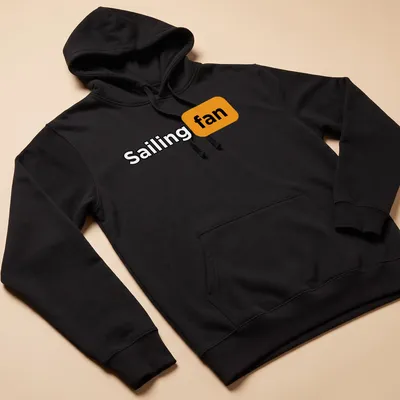 Bold typography Sailing Fan t-shirt in black, orange and white. — printed on a unisex hoodie