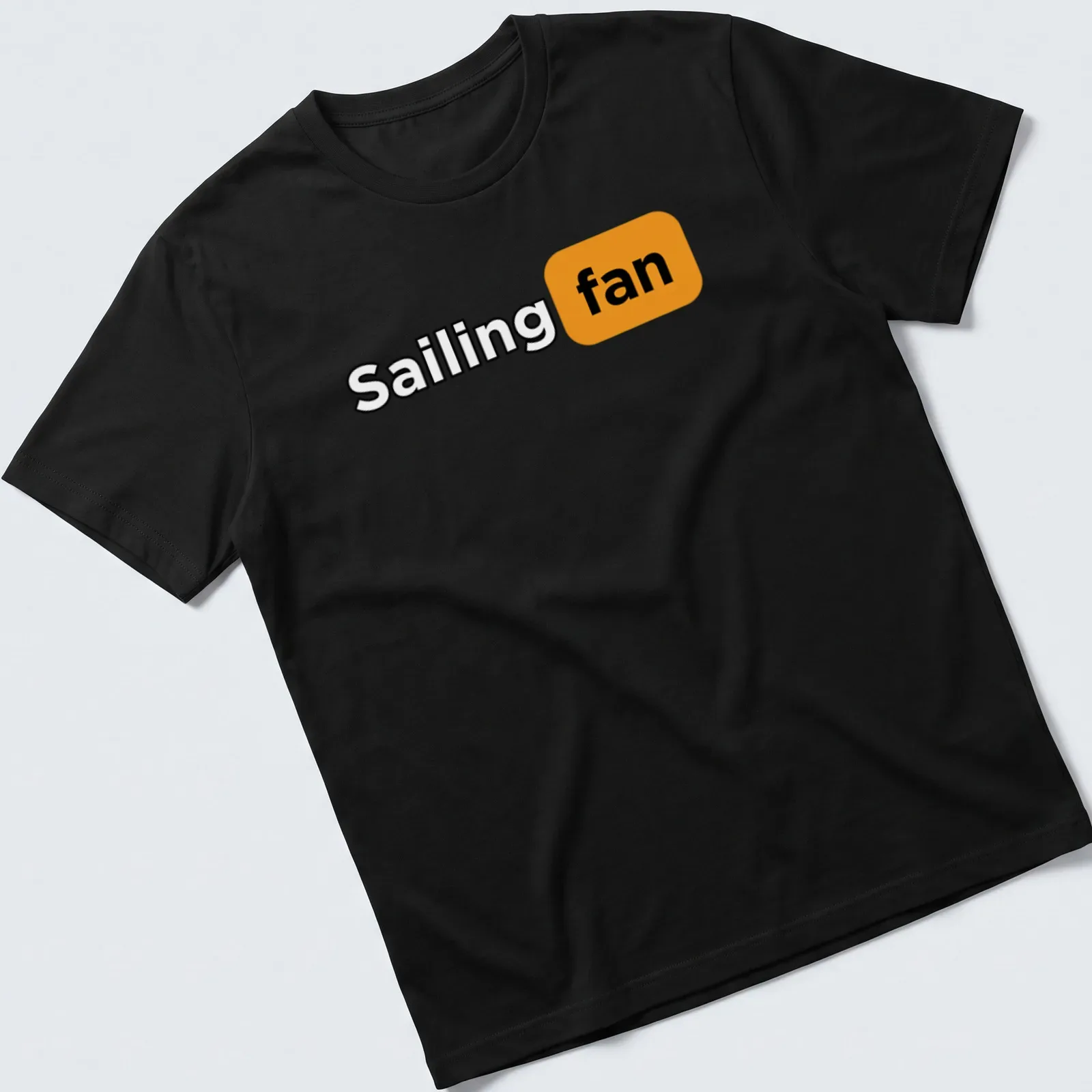 Bold typography Sailing Fan t-shirt in black, orange and white. — printed on a unisex t-shirt