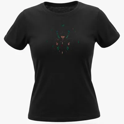 Silhouette of Samurai Jin in white, green, red, and brown colors — printed on a women's shirt