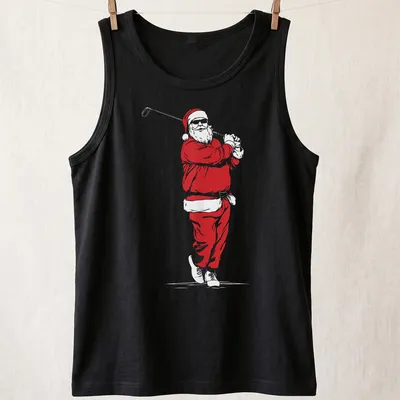 Minimalist Santa Claus illustration playing golf in red and white — printed on a tank top