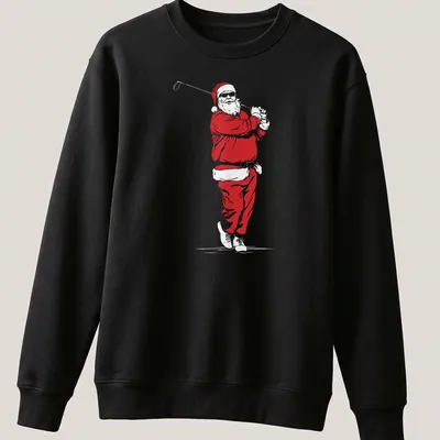 Minimalist Santa Claus illustration playing golf in red and white — printed on a unisex sweatshirt