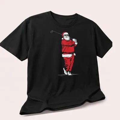 Minimalist Santa Claus illustration playing golf in red and white — printed on a unisex t-shirt (angled view)