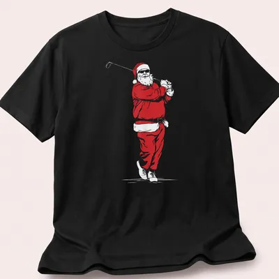 Minimalist Santa Claus illustration playing golf in red and white